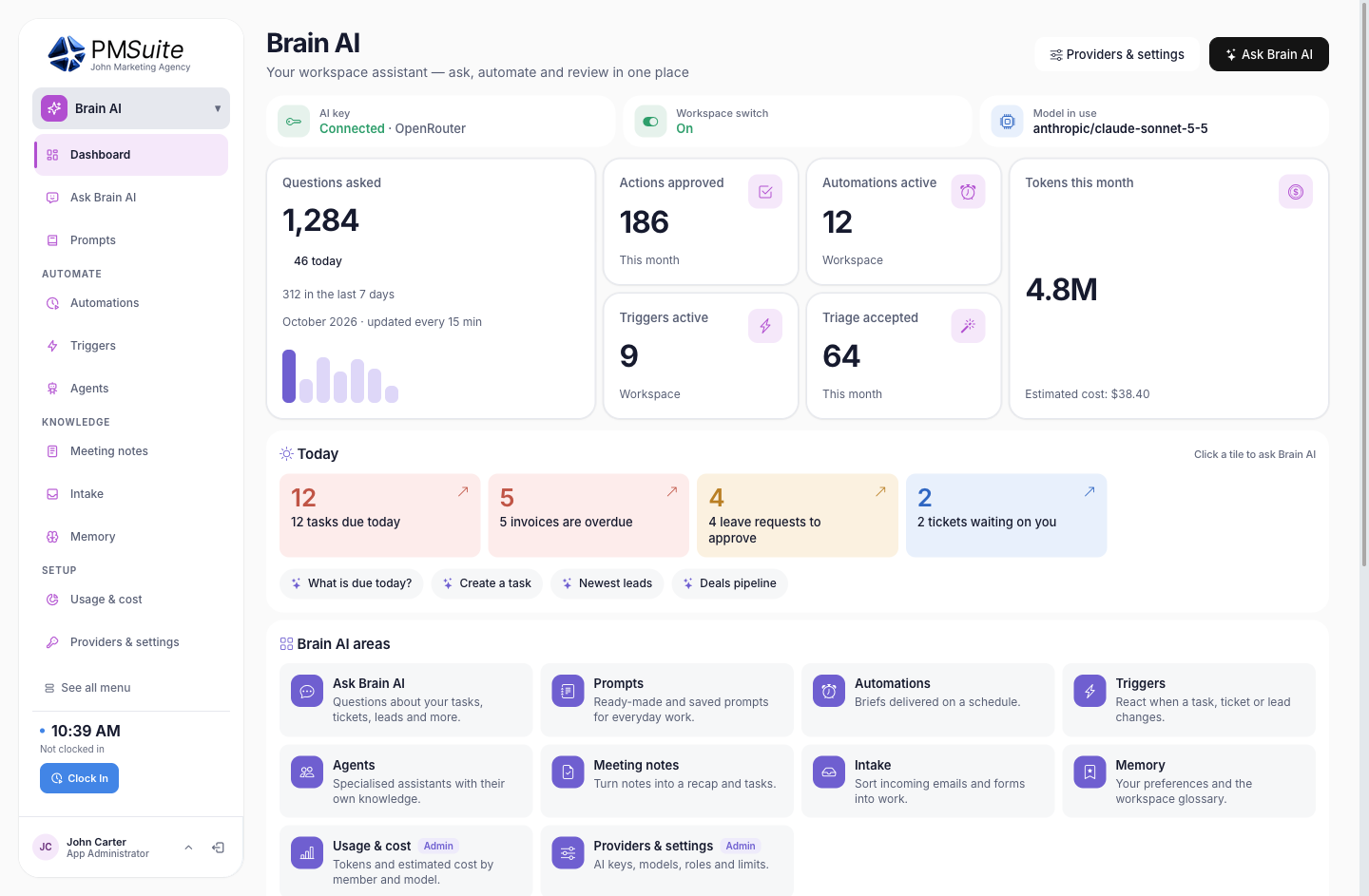 PMSuite Brain AI dashboard with questions asked, actions approved and today’s tasks