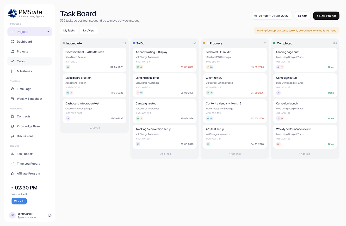 PMSuite project list with status, members and deadlines